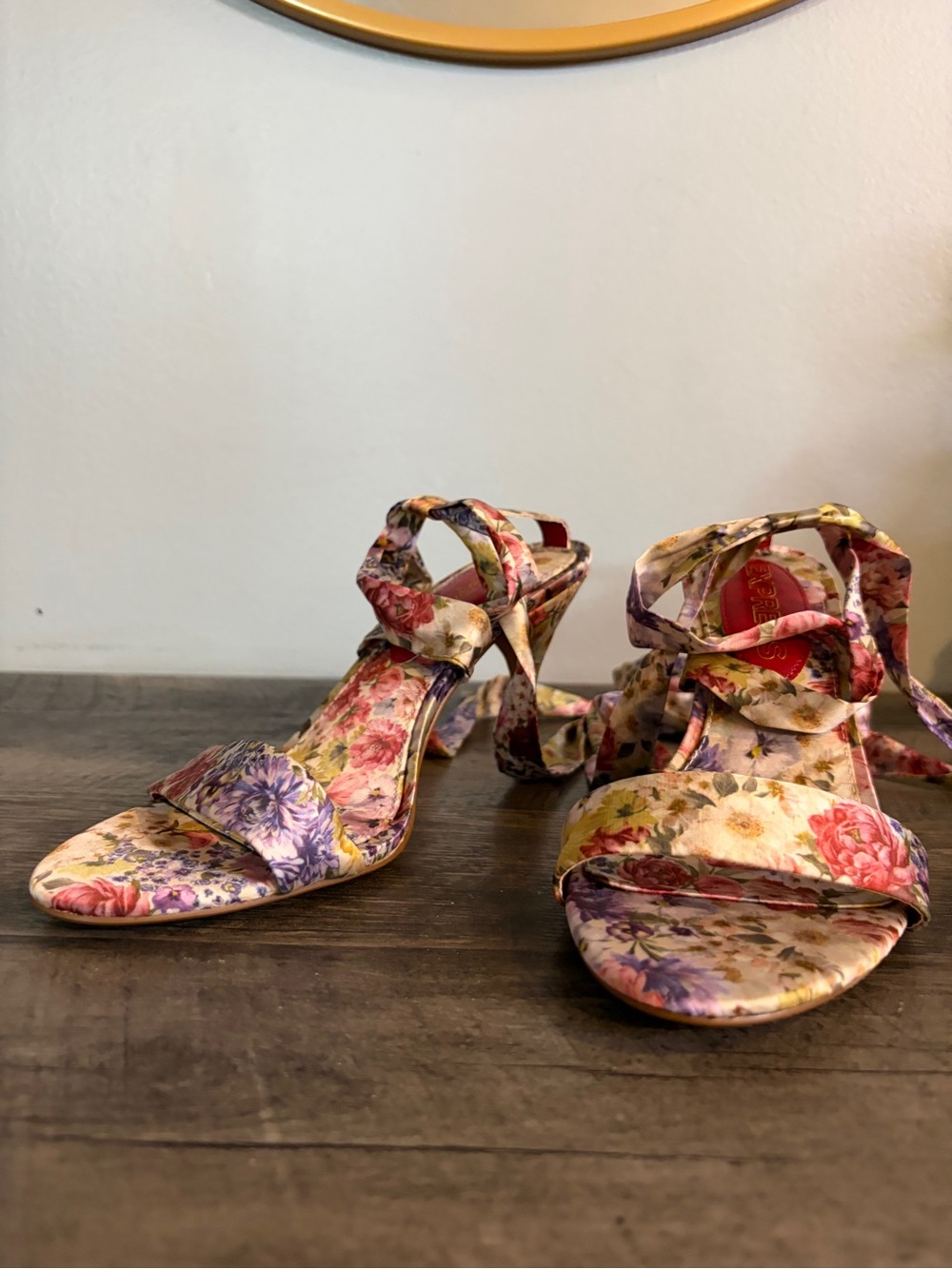 Express Floral Lace-Up Heels Size 8 | Garden Party Strappy Stiletto Sandals - Picture 2 of 7